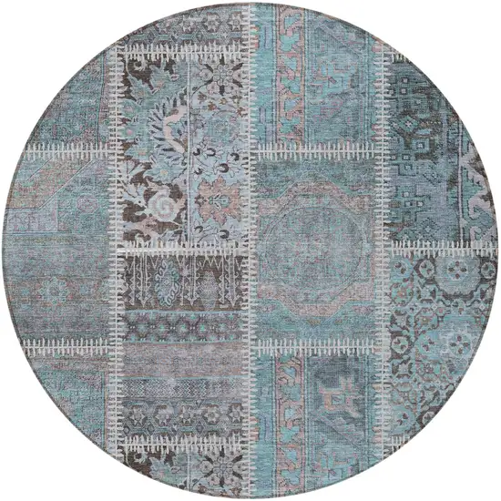 8' Teal Blue Aqua And Beige Round Patchwork Washable Indoor Outdoor Area Rug Photo 5
