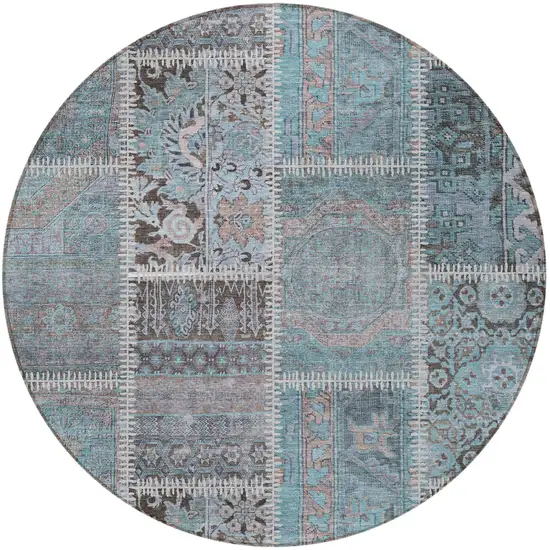 8' Teal Blue Aqua And Beige Round Patchwork Washable Indoor Outdoor Area Rug Photo 5
