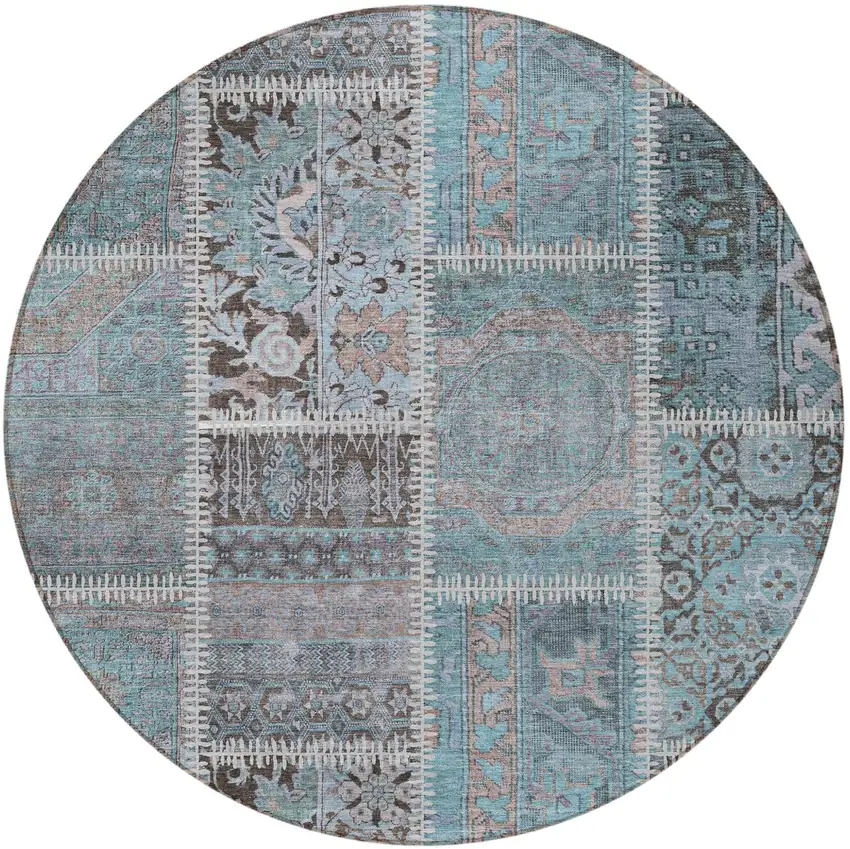 8' Teal Blue Aqua And Beige Round Patchwork Washable Indoor Outdoor Area Rug Photo 5