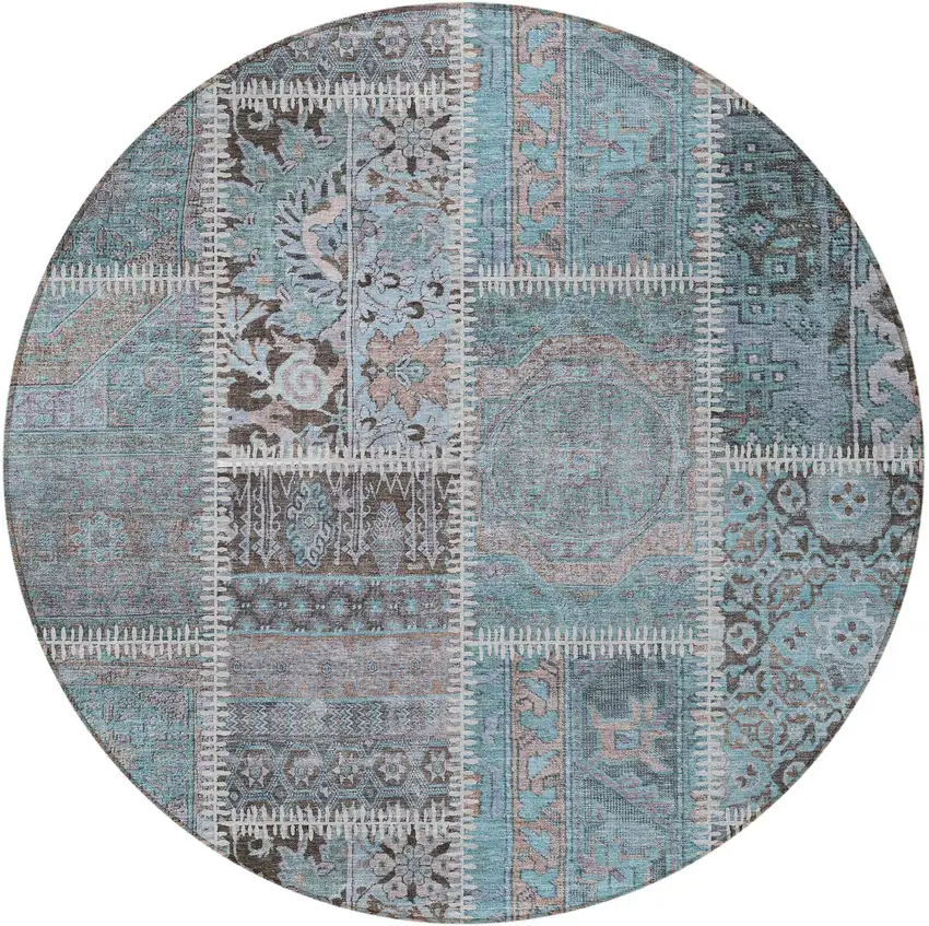 8' Teal Blue Aqua And Beige Round Patchwork Washable Indoor Outdoor Area Rug Photo 5