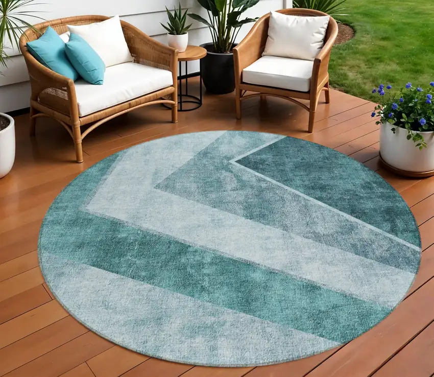 8' Teal Blue Aqua And Blue Round Geometric Washable Indoor Outdoor Area Rug Photo 1