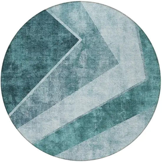 8' Teal Blue Aqua And Blue Round Geometric Washable Indoor Outdoor Area Rug Photo 7