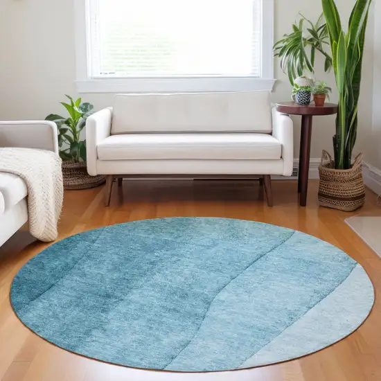 8' Teal Blue Aqua And Blue Round Ombre Washable Indoor Outdoor Area Rug Photo 7