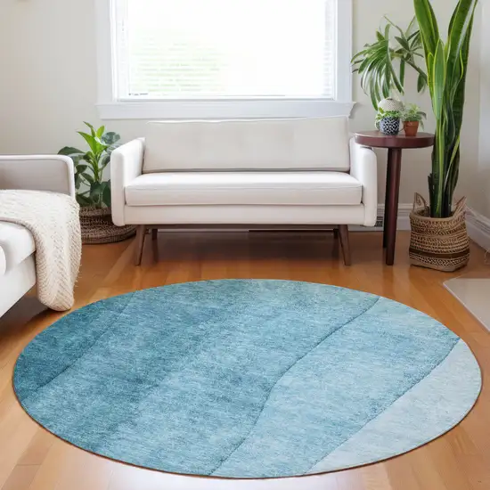 8' Teal Blue Aqua And Blue Round Ombre Washable Indoor Outdoor Area Rug Photo 7