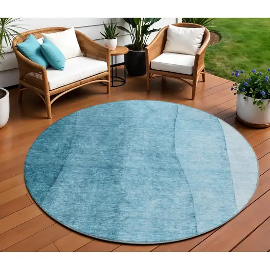 8' Teal Blue Aqua And Blue Round Ombre Washable Indoor Outdoor Area Rug Photo 1