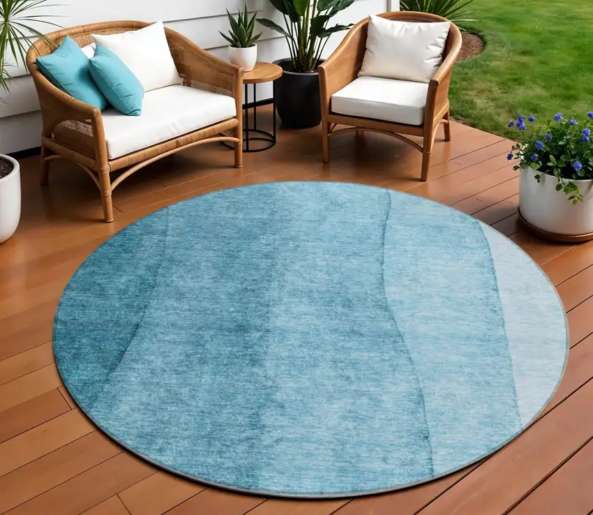 8' Teal Blue Aqua And Blue Round Ombre Washable Indoor Outdoor Area Rug Photo 1