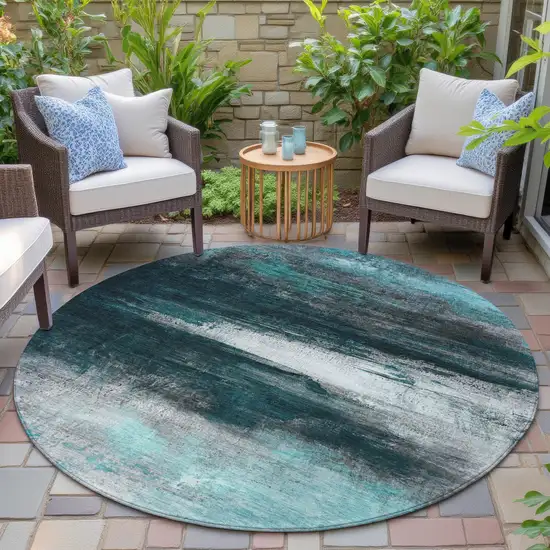 8' Teal Blue Aqua And Charcoal Round Abstract Washable Indoor Outdoor Area Rug Photo 6