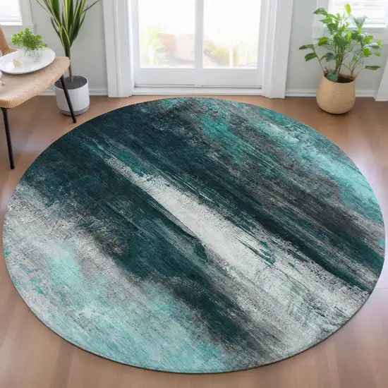 8' Teal Blue Aqua And Charcoal Round Abstract Washable Indoor Outdoor Area Rug Photo 5