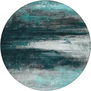 Photo of 8' Teal Blue Aqua And Charcoal Round Abstract Washable Indoor Outdoor Area Rug