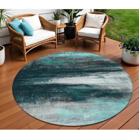8' Teal Blue Aqua And Charcoal Round Abstract Washable Indoor Outdoor Area Rug Photo 2