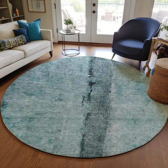 8' Teal Blue Aqua And Charcoal Round Abstract Washable Indoor Outdoor Area Rug Photo 6