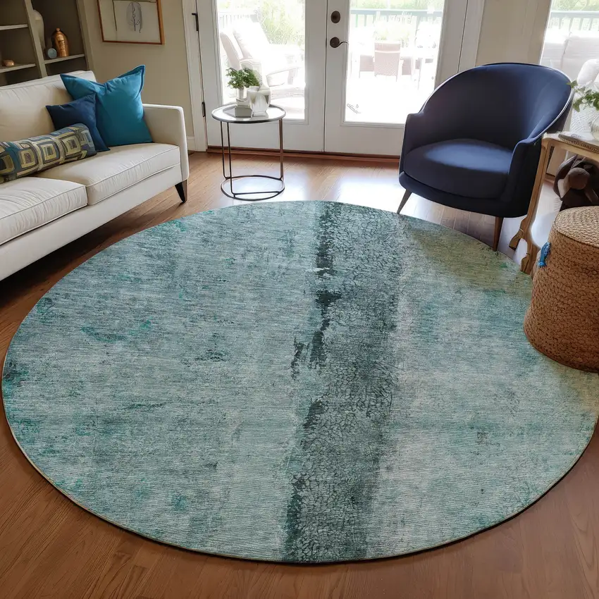 8' Teal Blue Aqua And Charcoal Round Abstract Washable Indoor Outdoor Area Rug Photo 6