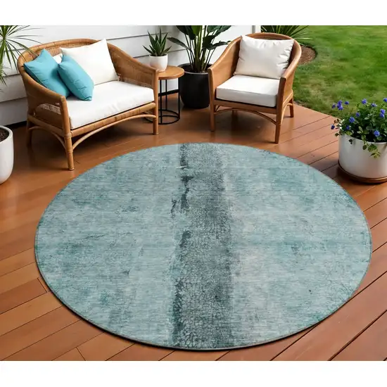 8' Teal Blue Aqua And Charcoal Round Abstract Washable Indoor Outdoor Area Rug Photo 1