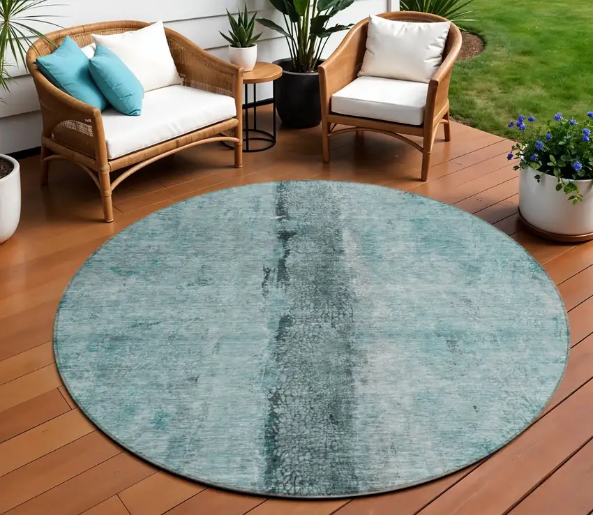 8' Teal Blue Aqua And Charcoal Round Abstract Washable Indoor Outdoor Area Rug Photo 1