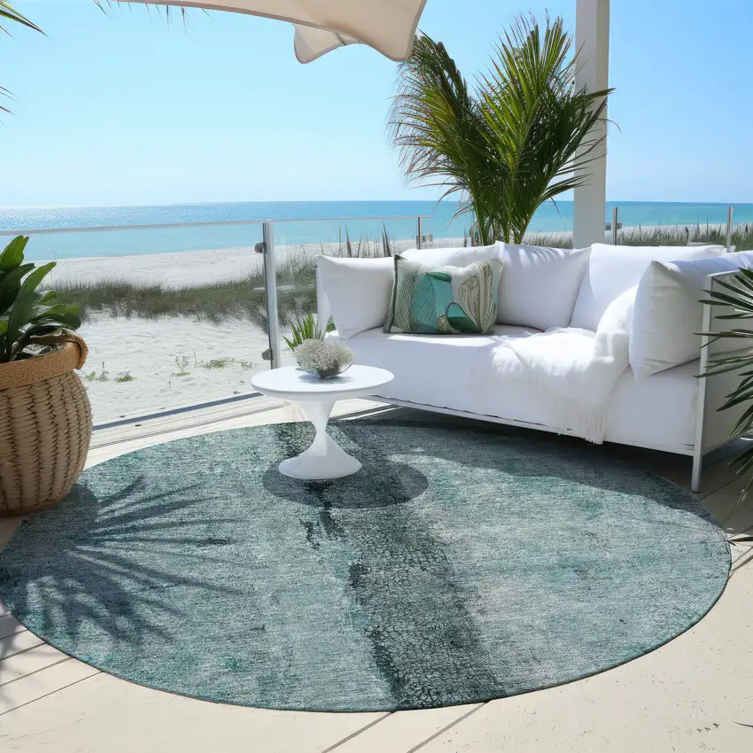 8' Teal Blue Aqua And Charcoal Round Abstract Washable Indoor Outdoor Area Rug Photo 5
