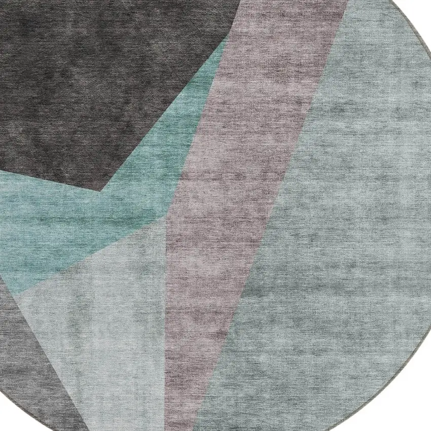 8' Teal Blue Aqua And Charcoal Round Abstract Washable Indoor Outdoor Area Rug Photo 4