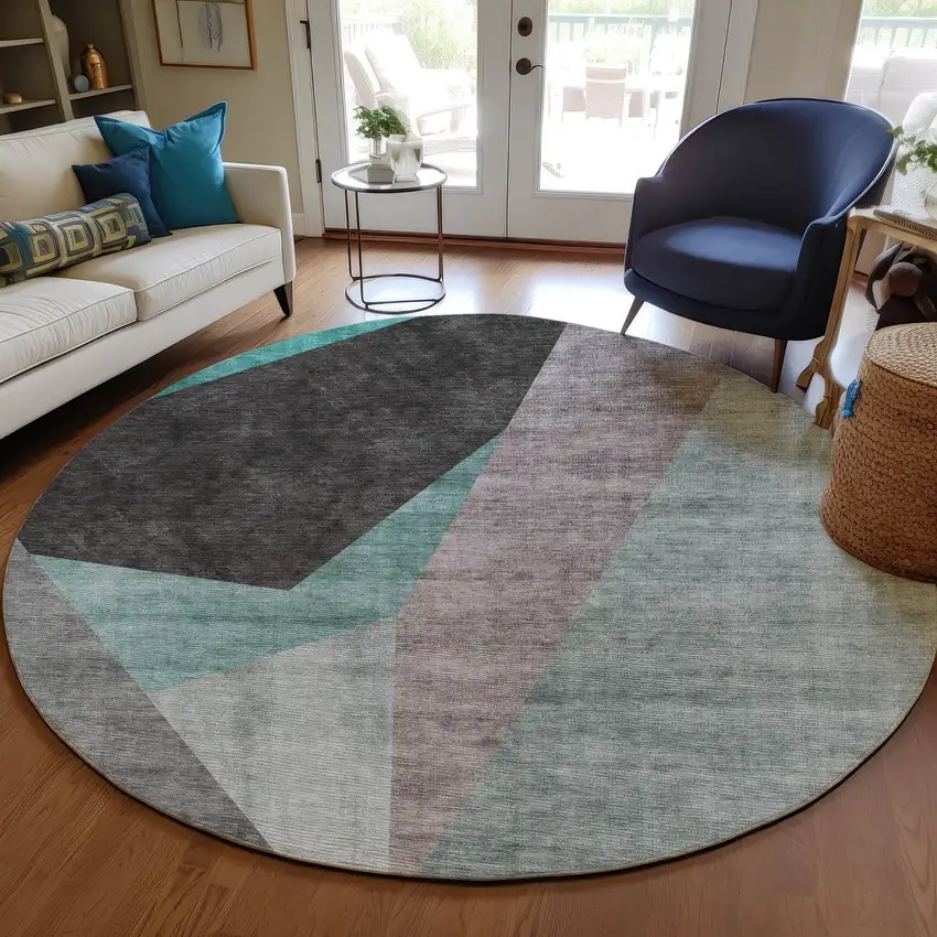 8' Teal Blue Aqua And Charcoal Round Abstract Washable Indoor Outdoor Area Rug Photo 7