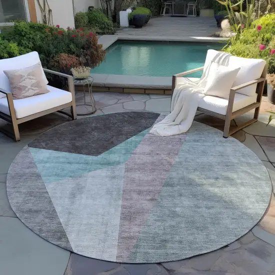 8' Teal Blue Aqua And Charcoal Round Abstract Washable Indoor Outdoor Area Rug Photo 6