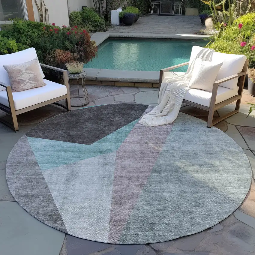 8' Teal Blue Aqua And Charcoal Round Abstract Washable Indoor Outdoor Area Rug Photo 6
