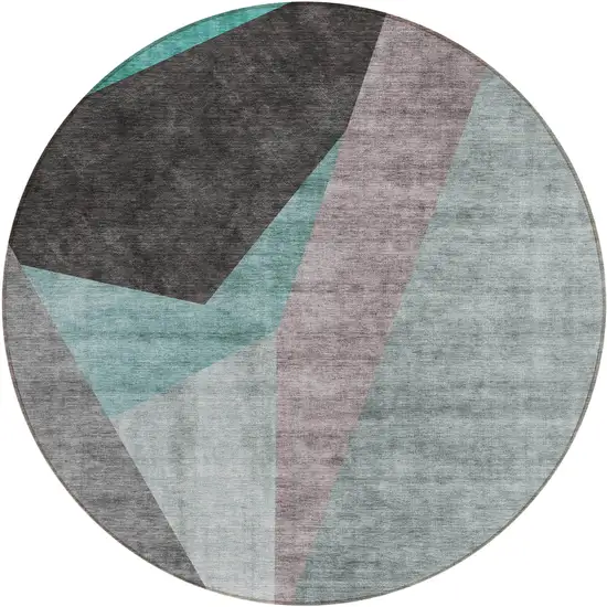 8' Teal Blue Aqua And Charcoal Round Abstract Washable Indoor Outdoor Area Rug Photo 1