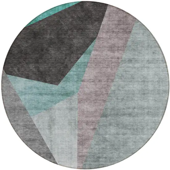 8' Teal Blue Aqua And Charcoal Round Abstract Washable Indoor Outdoor Area Rug Photo 1