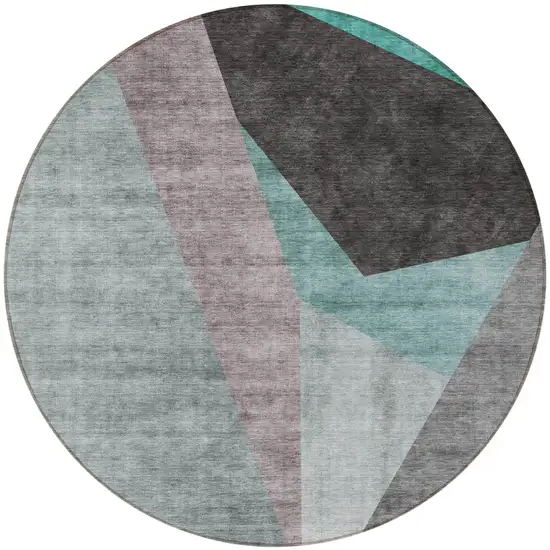8' Teal Blue Aqua And Charcoal Round Abstract Washable Indoor Outdoor Area Rug Photo 5