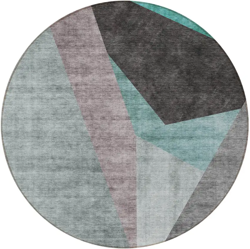 8' Teal Blue Aqua And Charcoal Round Abstract Washable Indoor Outdoor Area Rug Photo 5