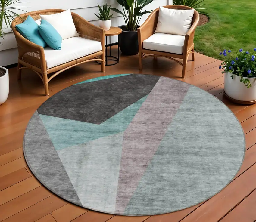 8' Teal Blue Aqua And Charcoal Round Abstract Washable Indoor Outdoor Area Rug Photo 1