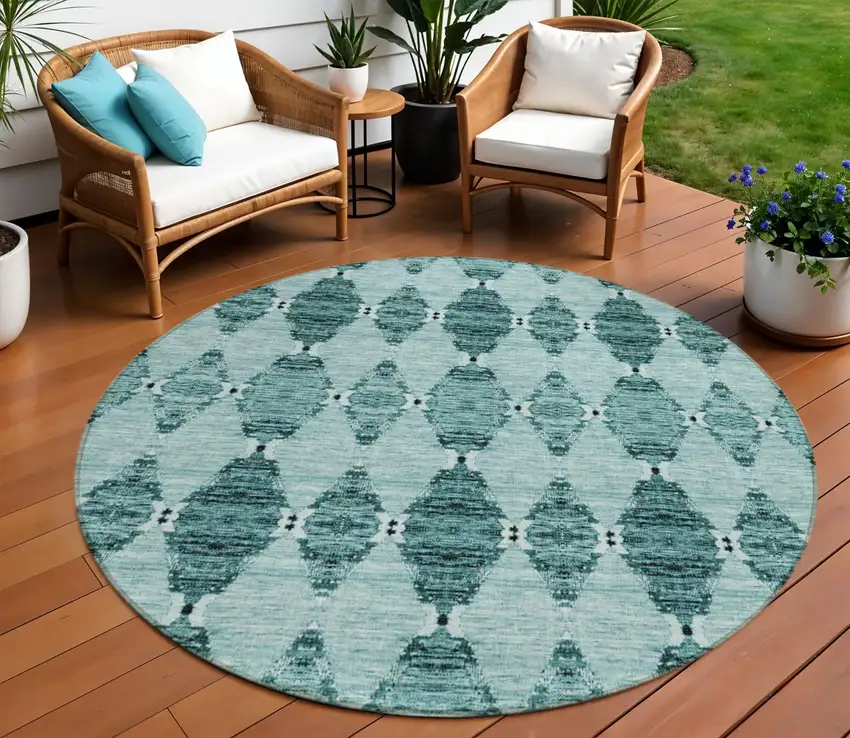 8' Teal Blue Aqua And Charcoal Round Moroccan Washable Indoor Outdoor Area Rug Photo 1
