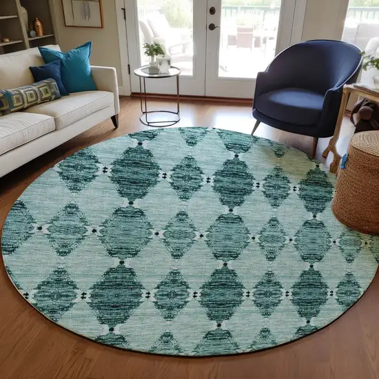 8' Teal Blue Aqua And Charcoal Round Moroccan Washable Indoor Outdoor Area Rug Photo 6