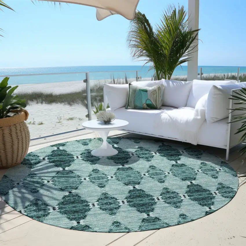 8' Teal Blue Aqua And Charcoal Round Moroccan Washable Indoor Outdoor Area Rug Photo 5