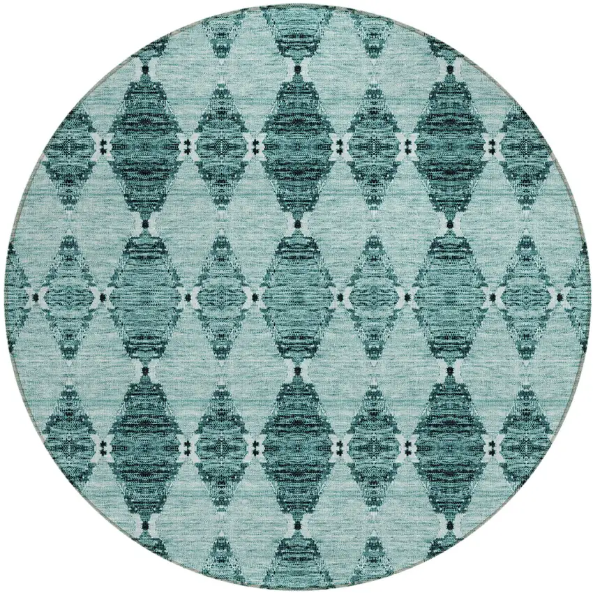 8' Teal Blue Aqua And Charcoal Round Moroccan Washable Indoor Outdoor Area Rug Photo 2