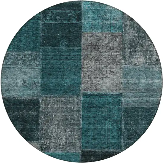 8' Teal Blue Aqua And Charcoal Round Patchwork Washable Indoor Outdoor Area Rug Photo 2