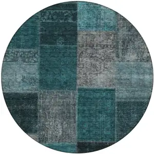 Photo of 8' Teal Blue Aqua And Charcoal Round Patchwork Washable Indoor Outdoor Area Rug