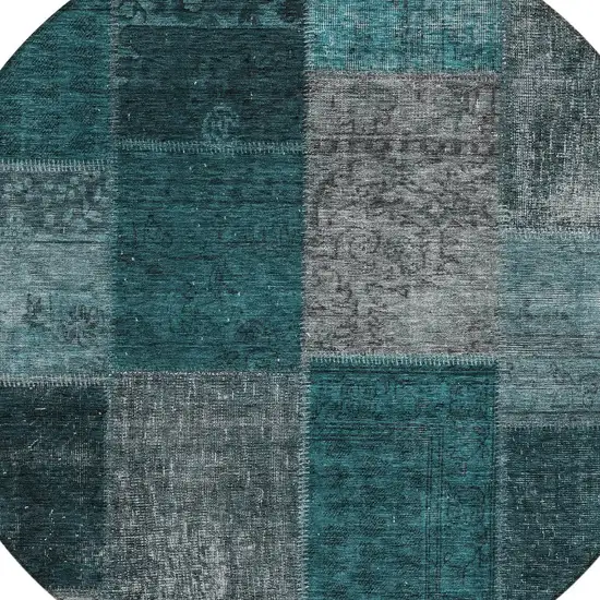 8' Teal Blue Aqua And Charcoal Round Patchwork Washable Indoor Outdoor Area Rug Photo 4