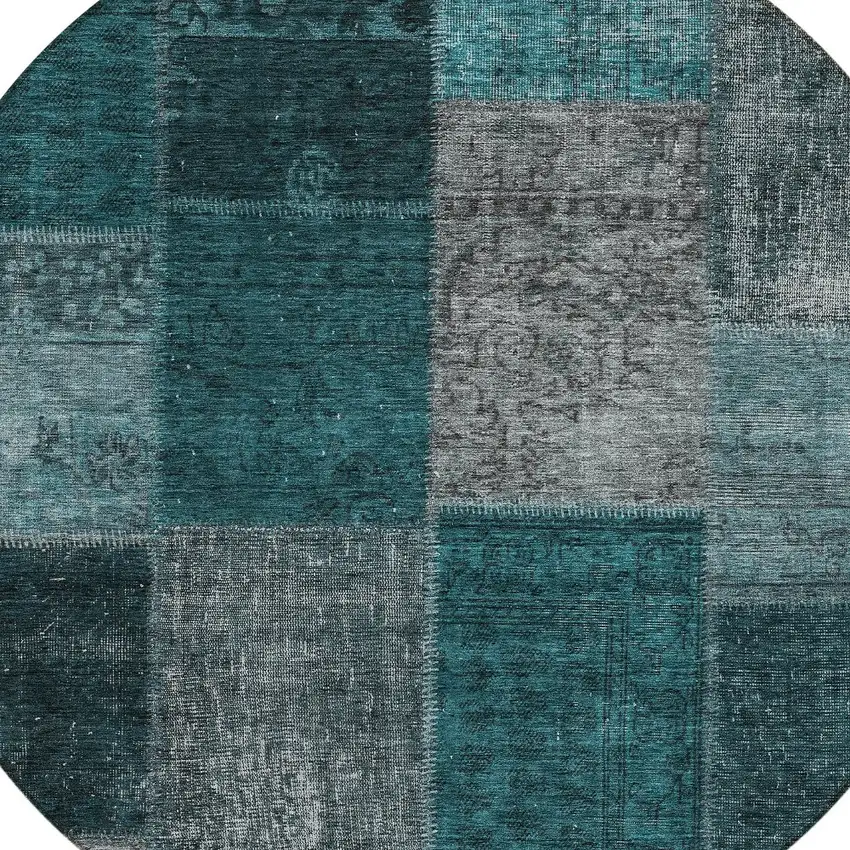 8' Teal Blue Aqua And Charcoal Round Patchwork Washable Indoor Outdoor Area Rug Photo 4