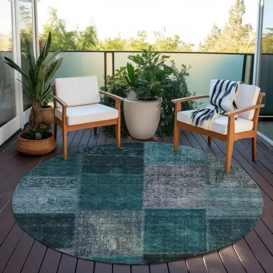 8' Teal Blue Aqua And Charcoal Round Patchwork Washable Indoor Outdoor Area Rug Photo 6