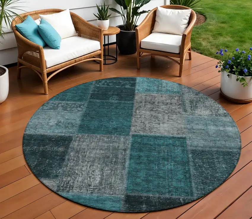 8' Teal Blue Aqua And Charcoal Round Patchwork Washable Indoor Outdoor Area Rug Photo 1