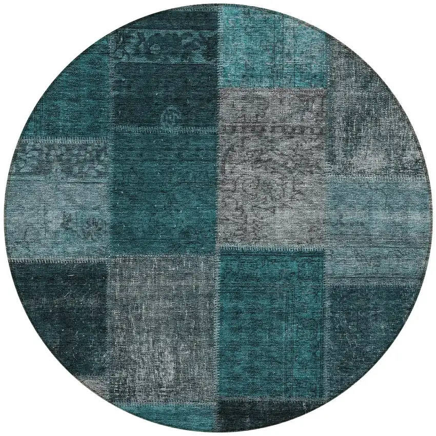 8' Teal Blue Aqua And Charcoal Round Patchwork Washable Indoor Outdoor Area Rug Photo 5