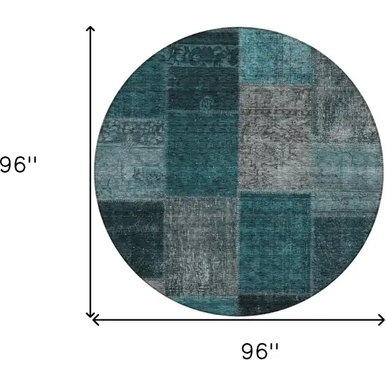 8' Teal Blue Aqua And Charcoal Round Patchwork Washable Indoor Outdoor Area Rug Photo 3