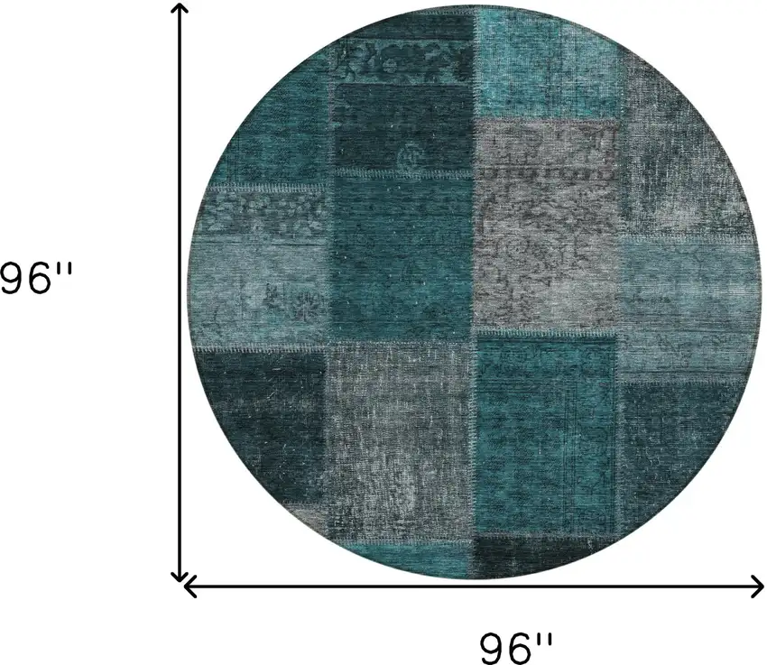 8' Teal Blue Aqua And Charcoal Round Patchwork Washable Indoor Outdoor Area Rug Photo 3