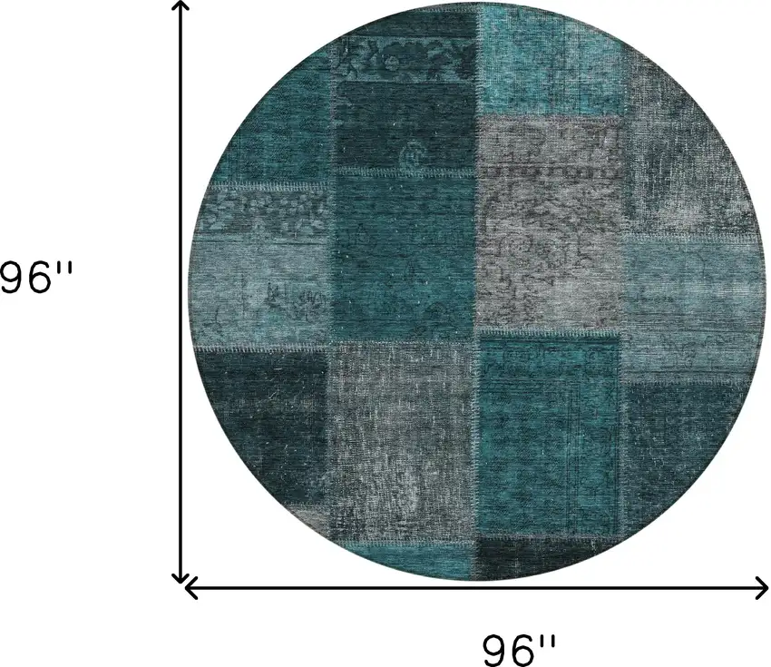 8' Teal Blue Aqua And Charcoal Round Patchwork Washable Indoor Outdoor Area Rug Photo 3