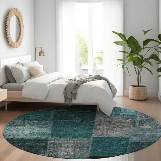 8' Teal Blue Aqua And Charcoal Round Patchwork Washable Indoor Outdoor Area Rug Photo 7