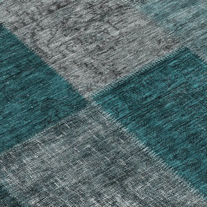 8' Teal Blue Aqua And Charcoal Round Patchwork Washable Indoor Outdoor Area Rug Photo 8