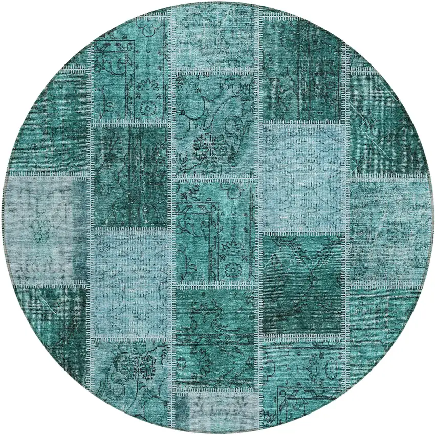 8' Teal Blue Aqua And Charcoal Round Patchwork Washable Indoor Outdoor Area Rug Photo 2