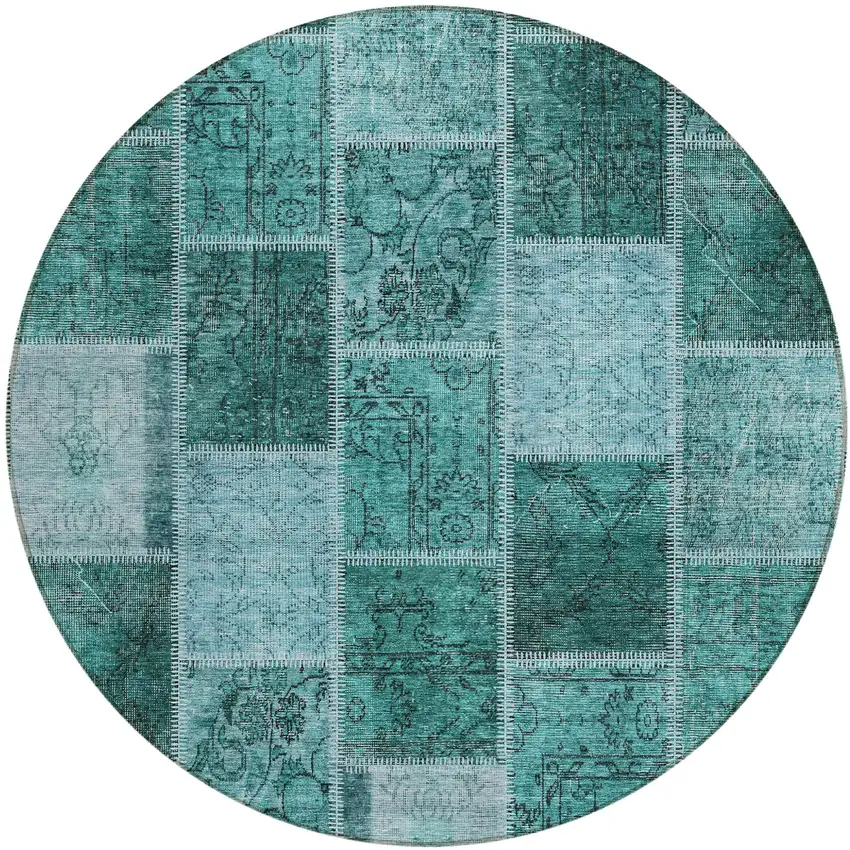 8' Teal Blue Aqua And Charcoal Round Patchwork Washable Indoor Outdoor Area Rug Photo 2