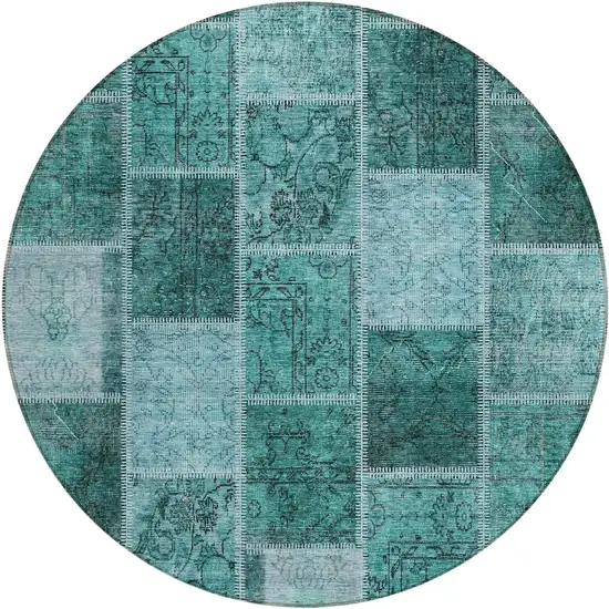 8' Teal Blue Aqua And Charcoal Round Patchwork Washable Indoor Outdoor Area Rug Photo 2