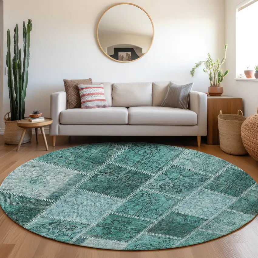 8' Teal Blue Aqua And Charcoal Round Patchwork Washable Indoor Outdoor Area Rug Photo 7
