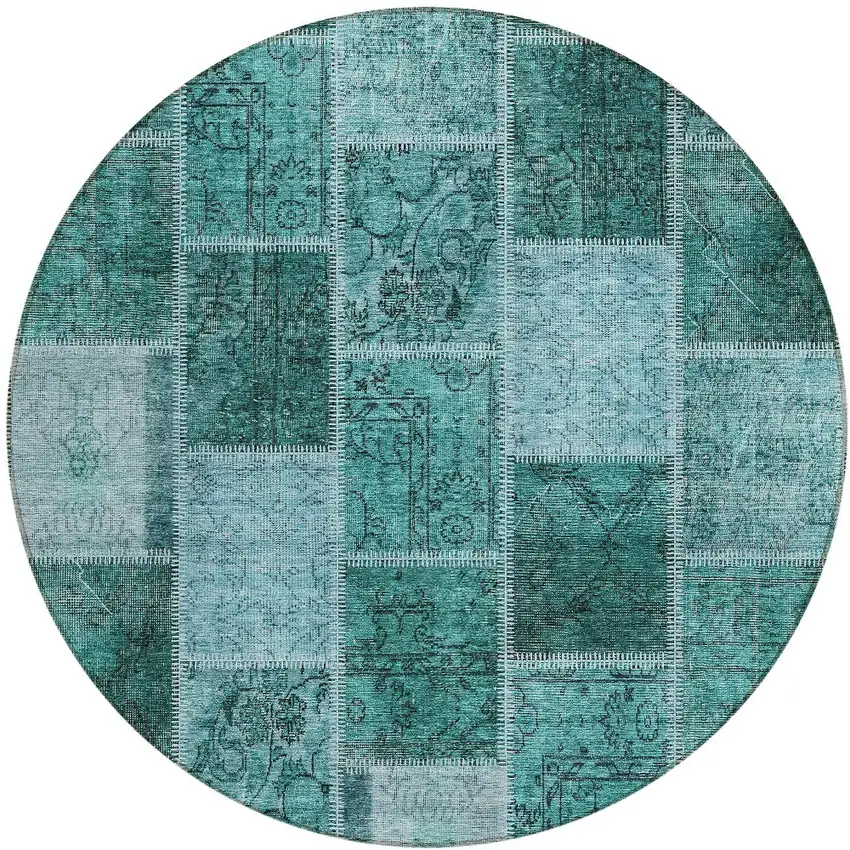 8' Teal Blue Aqua And Charcoal Round Patchwork Washable Indoor Outdoor Area Rug Photo 5