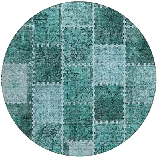8' Teal Blue Aqua And Charcoal Round Patchwork Washable Indoor Outdoor Area Rug Photo 5